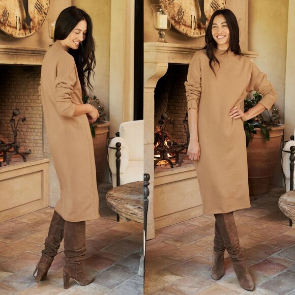 Frank & Eileen Isabelle Camel Brown Funnel Neck Triple Fleece Midi Dress Size S - Picture 1 of 9